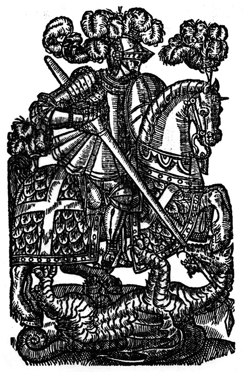 St George and the Dragon woodcut illustration: Edmund Spenser, Faerie Queene (1590)