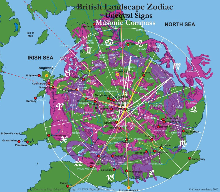 Landscape Zodiac of Britain with Masonic Compass